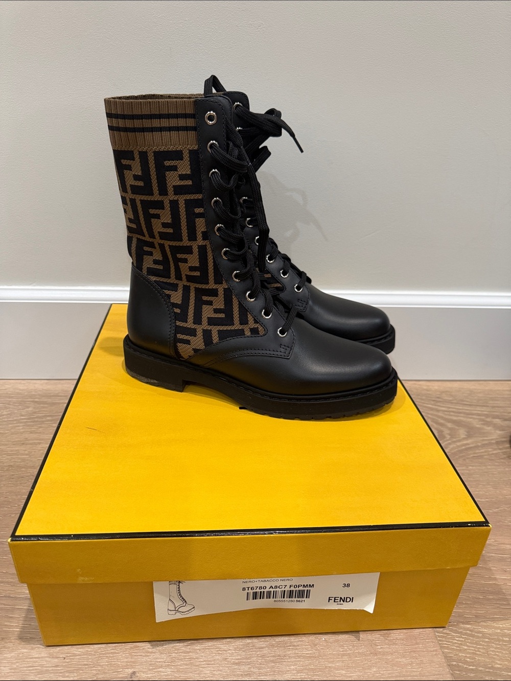 Brand new authentic Black & Brown FF Logo Lace-Up Combat Boots
